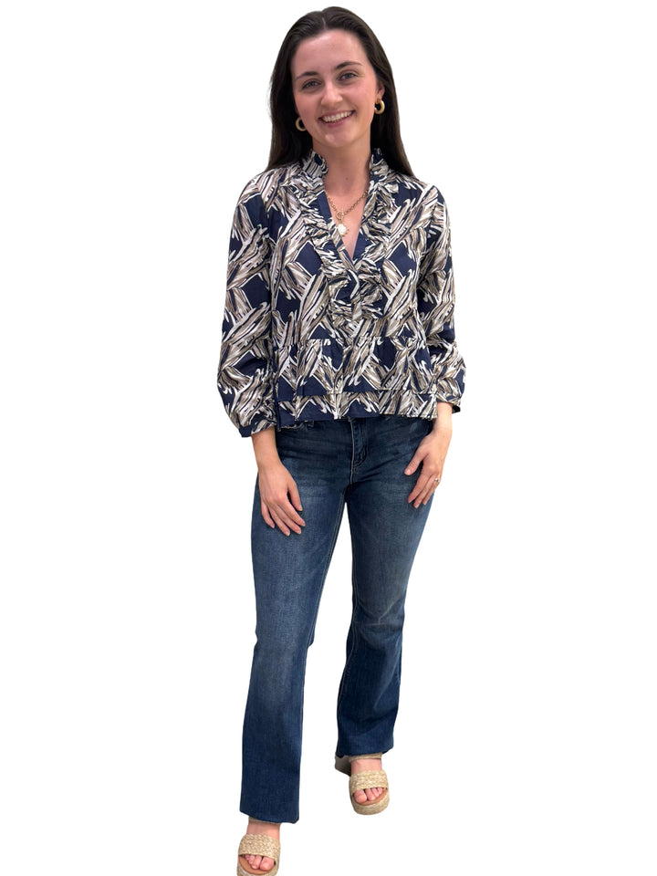 The Bella Ruffle Trim Top in Navy and Beige Splash Print — view 2
