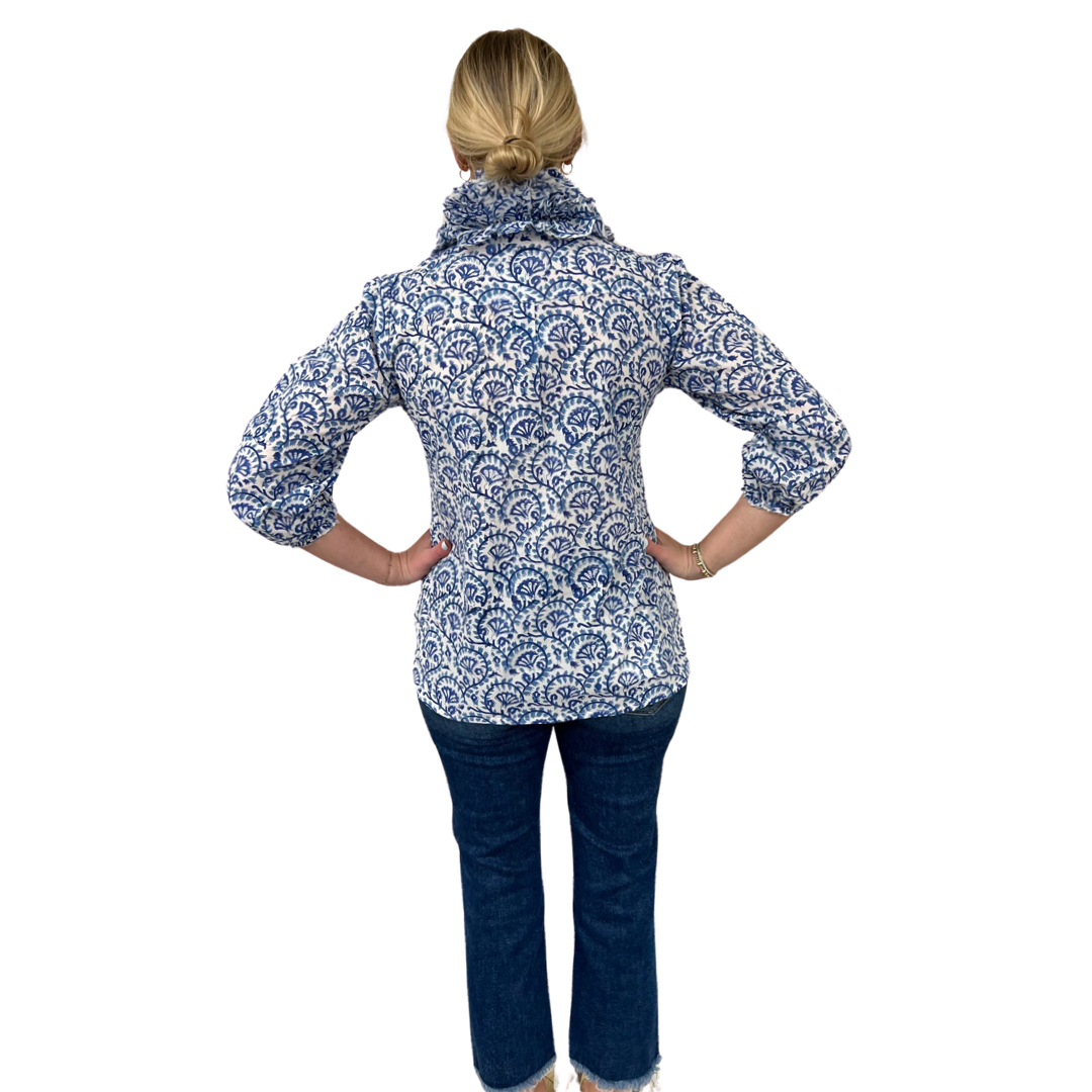 The Maria Ruffle Neck Cotton Blouse in White Blue Hand Blocked Floral — view 6