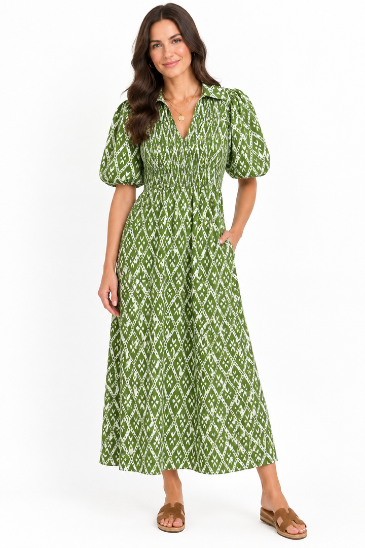 The Joanie Dress in Green White Ikat