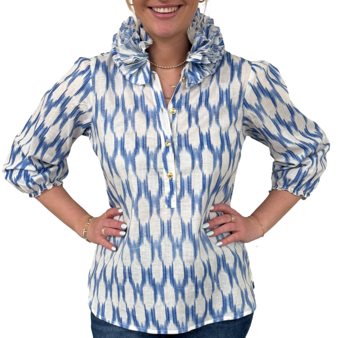 The Maria Ruffle Neck Cotton Blouse in Blue and White Ikat — view 4