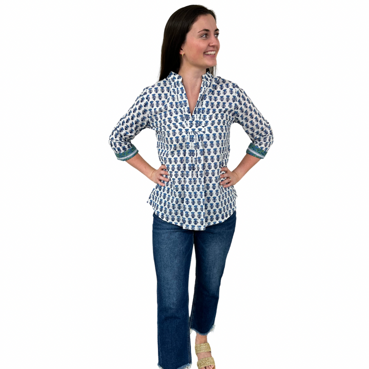 The Eloise Cotton Top in White Blue Hand Blocked Floral — view 2