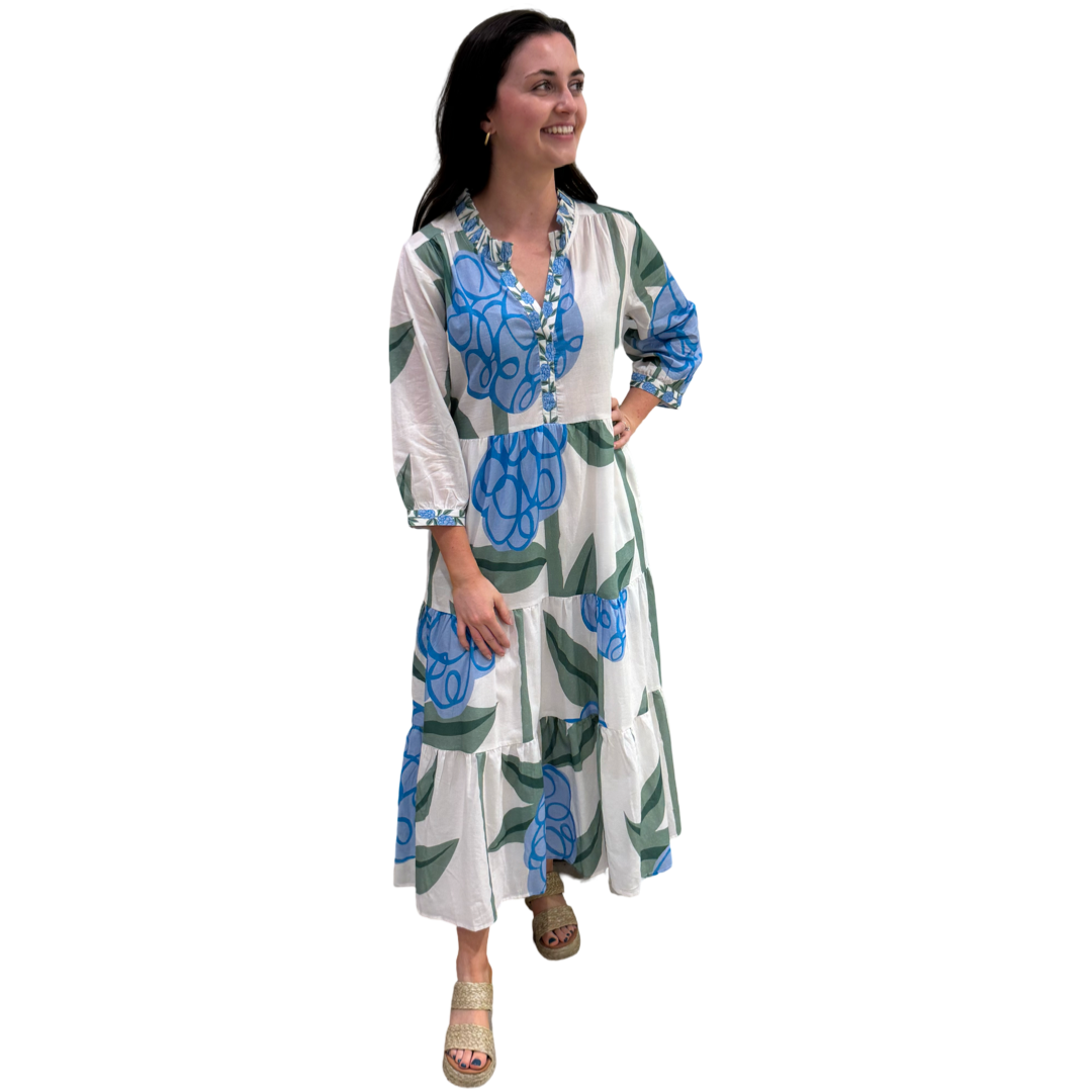The Campbell Blue Pop Floral 3/4 Sleeve Cotton Dress — view 3