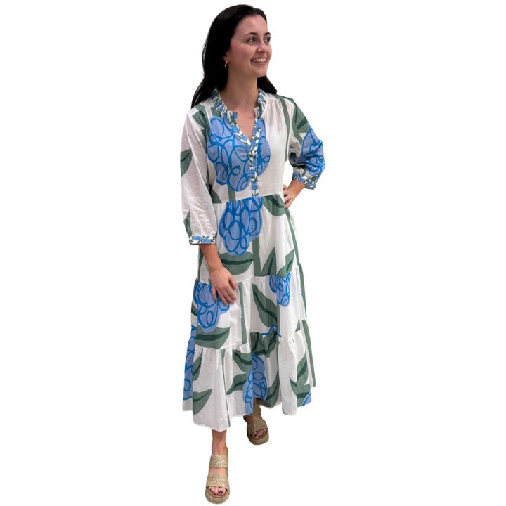 The Campbell Blue Pop Floral 3/4 Sleeve Cotton Dress — view 3