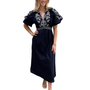 The Gabby Long Embroidered Dress in Navy White