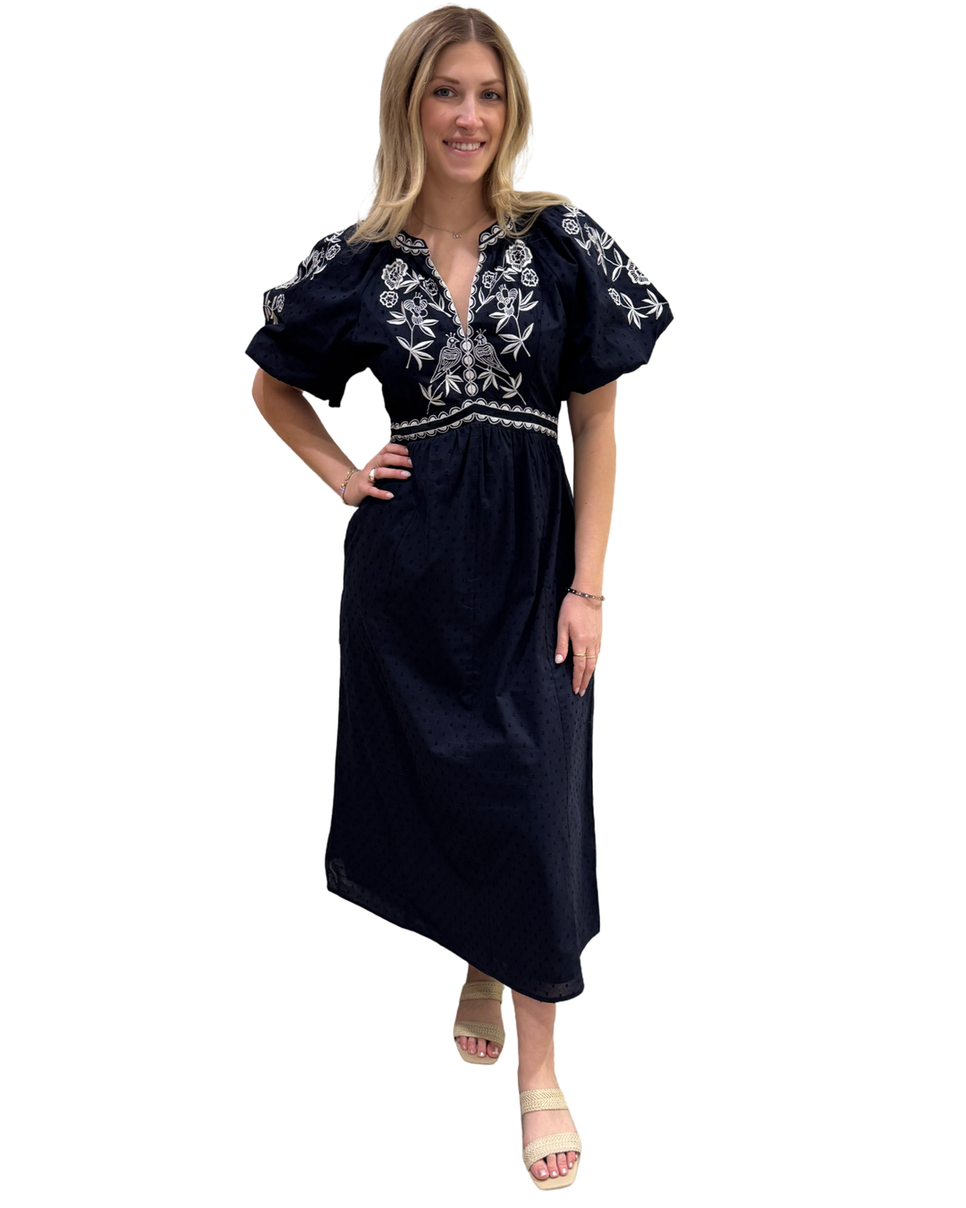 The Gabby Long Embroidered Dress in Navy White