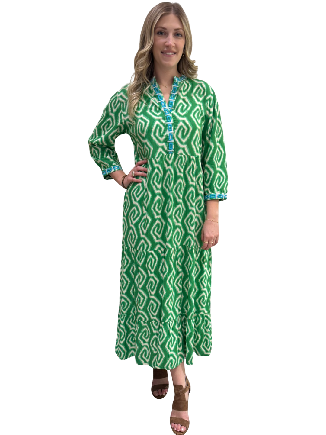 The Addison Embroidered Trim Notch Neck Dress in Green Ikat — view 5