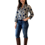 The Bella Ruffle Trim Top in Navy and Beige Splash Print