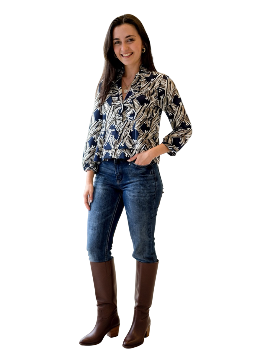 The Bella Ruffle Trim Top in Navy and Beige Splash Print