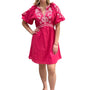 The Gabby Short Cotton Embroidered Dress in Hot Pink and White