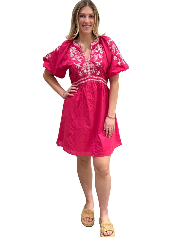 The Gabby Short Cotton Embroidered Dress in Hot Pink and White