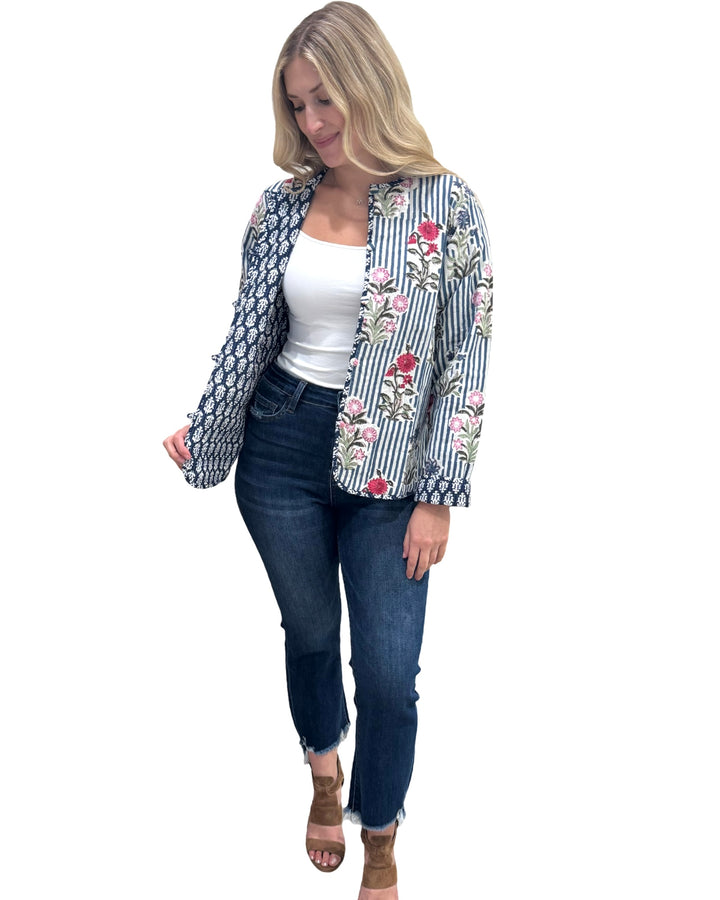 The Madeline Reversible Hand Block Printed Jacket in Blue Striped Floral — view 2
