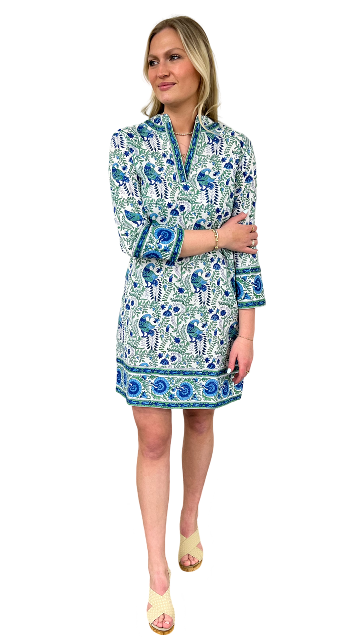 The Brie Cotton Block Print Dress in Green and Blue Floral Bird Print — view 3