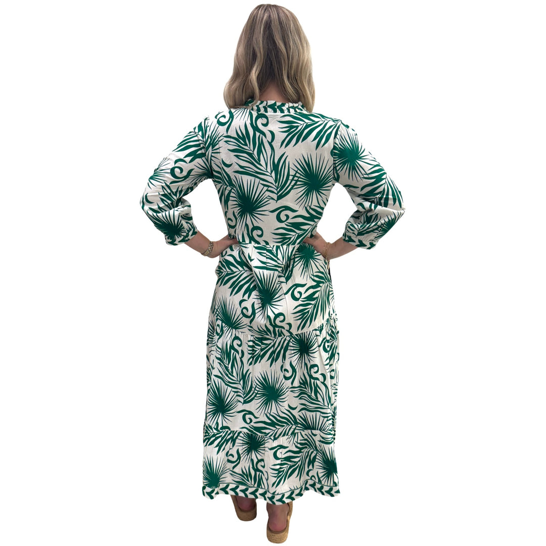 The Campbell Long Classic Fit Dress in Emerald and White Palm Print — view 5