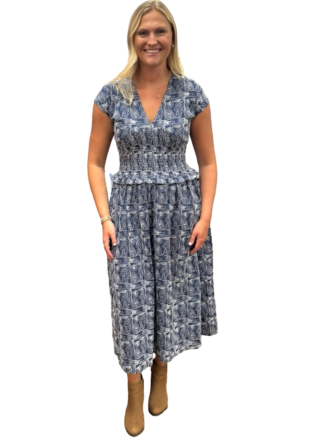 The MacColl Navy Embroidered Cinch Waist Dress