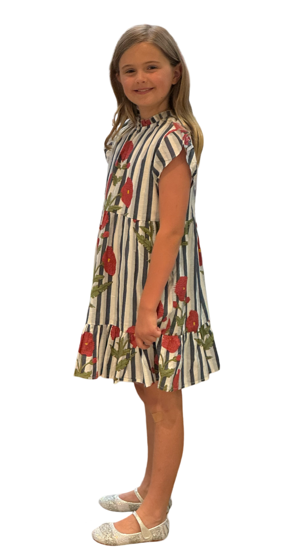The Tinley Hand Block Printed Girls Dress in Grey Blue Striped Floral — view 2