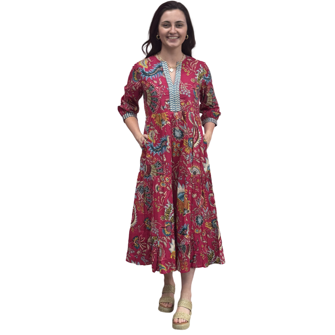 The Daniella Fuchsia Pink Hand Blocked Floral Embroidered Trim Dress