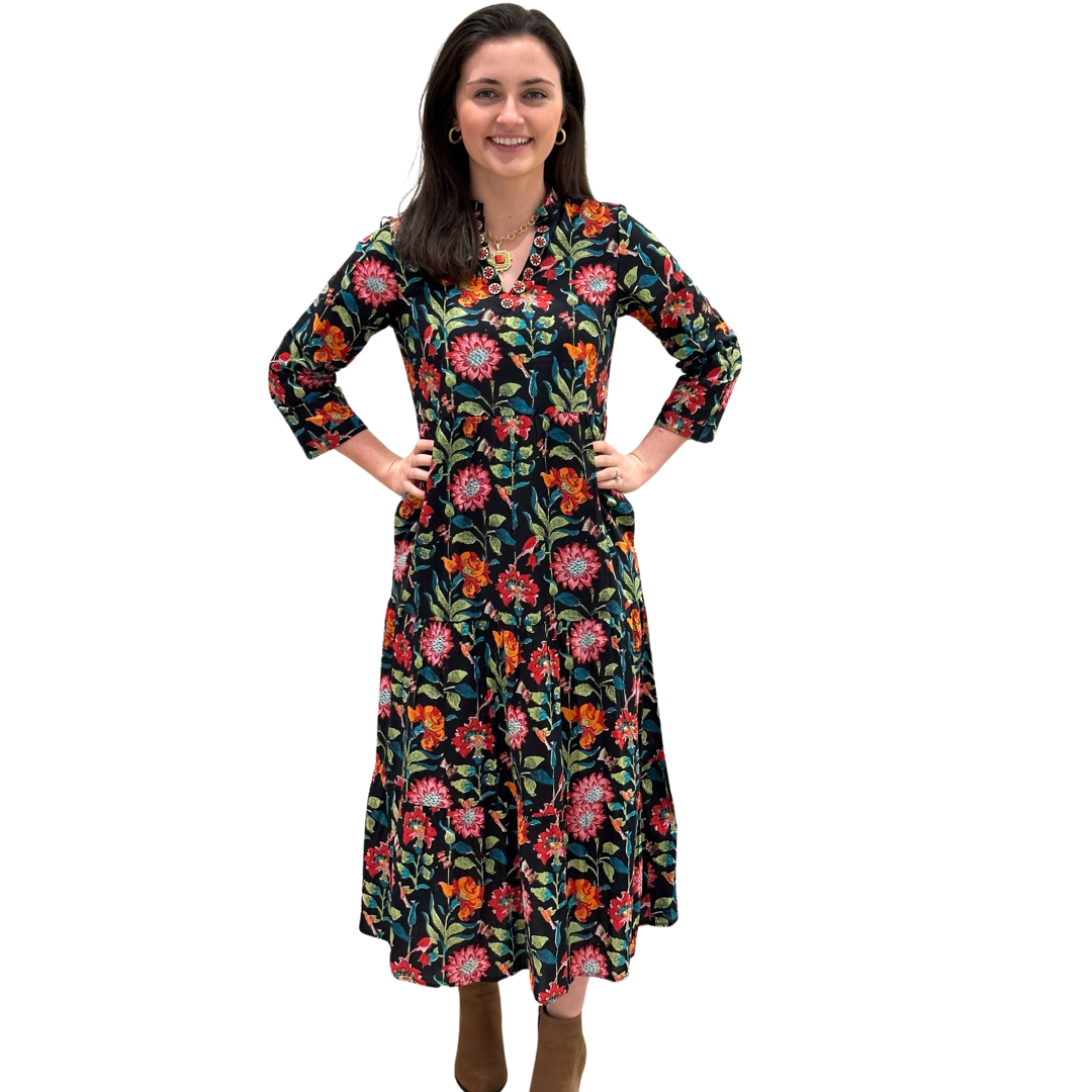 The Camilla Long Notch Collar Dress in Midnight Floral