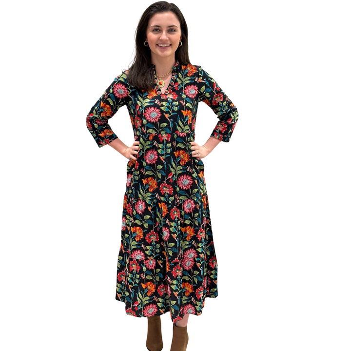 The Camilla Long Notch Collar Dress in Midnight Floral