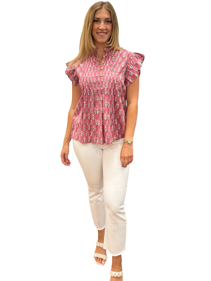The Ava Pintuck Cotton Top in Rase Pink Hand Block Printed Floral — view 4