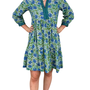 The Naomi Hand Block Printed Embroidered Trim Floral Dress in Green and Blue