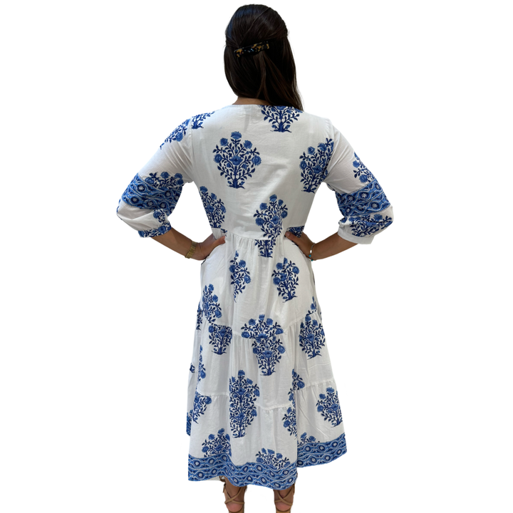 The Evie Long Dress in Blue and White Border Trimmed Floral Hand-Block Printed Cotton — view 5