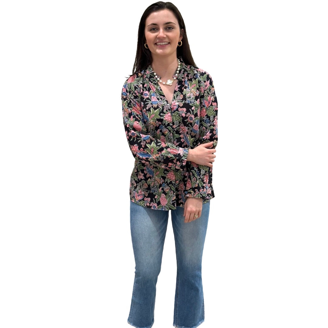 The Embry Cotton Block Print Floral Button Front Top in Midnight Floral — view 5