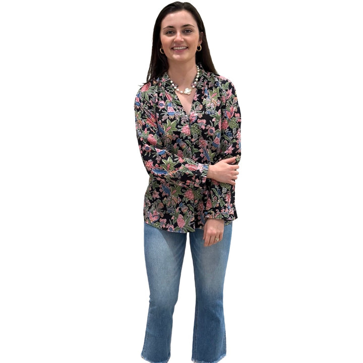 The Embry Cotton Block Print Floral Button Front Top in Midnight Floral — view 5