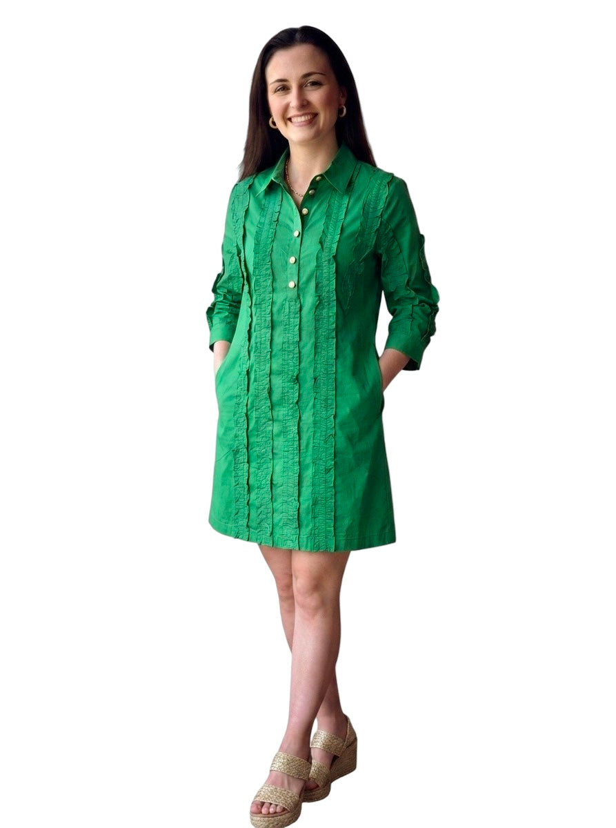 The Annika Button Front Shirt Dress in Emerald Green Ruffled Cotton
