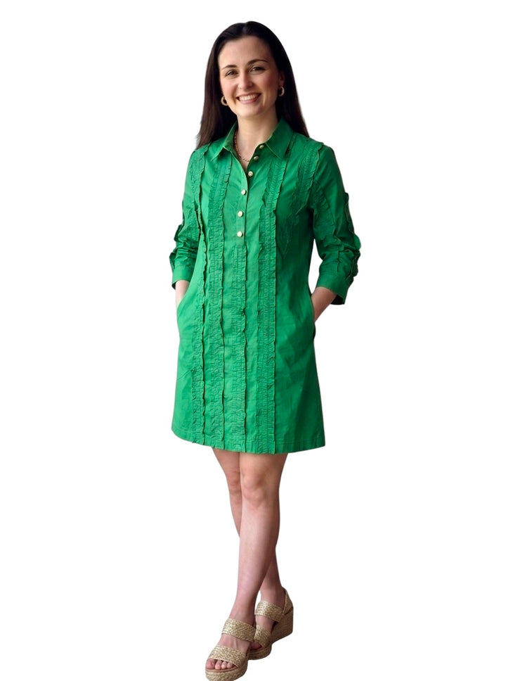 The Annika Button Front Shirt Dress in Emerald Green Ruffled Cotton