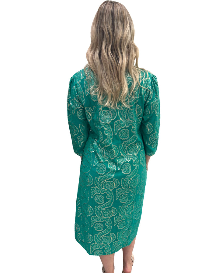 The Tabitha Button Front 3/4 Sleeve Dress  in Emerald Green and Gold — view 5