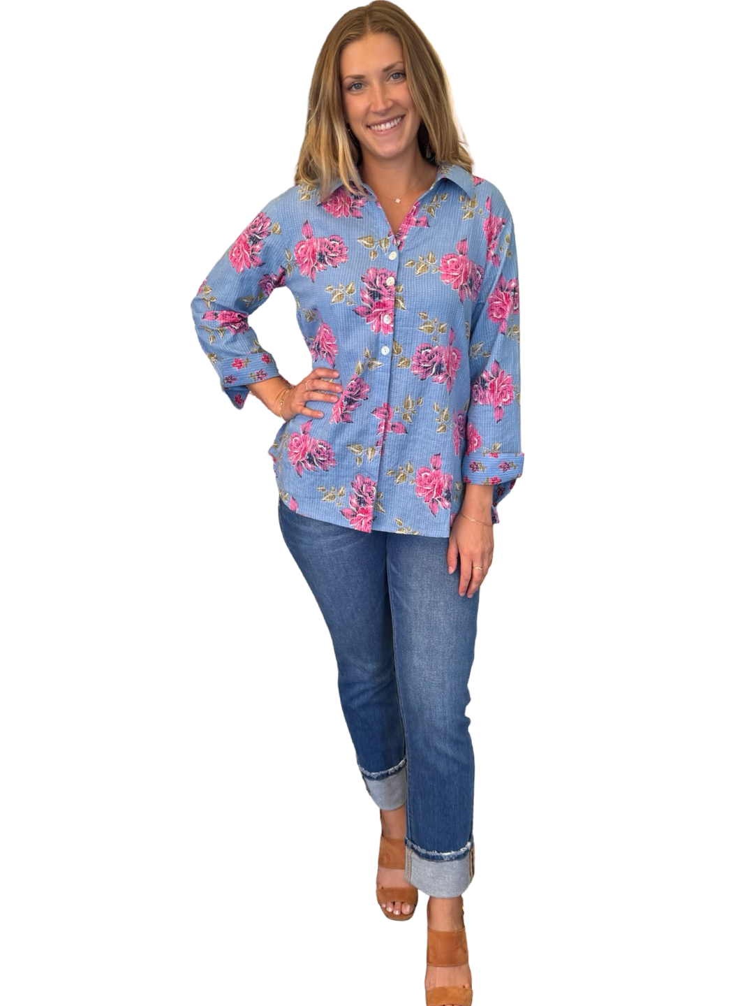 The Mason Button Front Top in Cornflower Blue Pink Floral