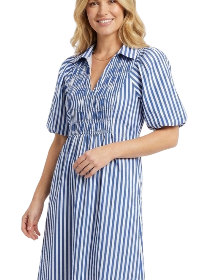 The Joanie Smocked Blue White Striped Dress — view 4