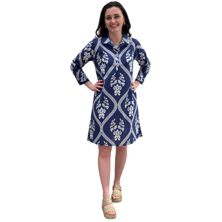 The Lisette Cotton Easy Fit Dress in Violet Blue and White — view 4