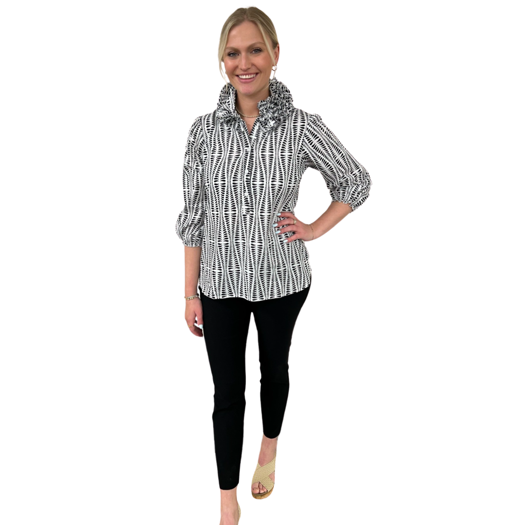 The Maria Ruffle Neck Top in White and Black Splatter Print