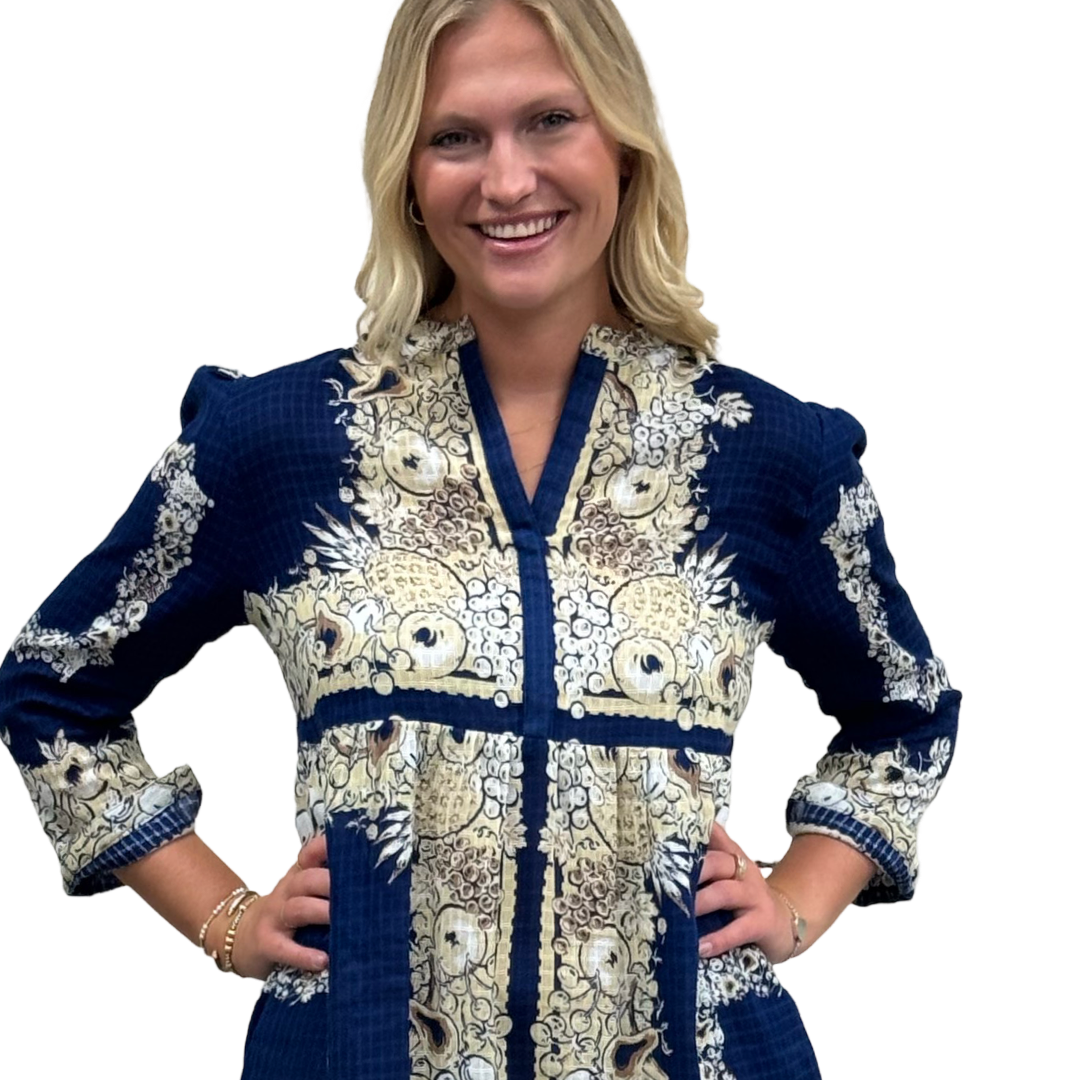 The Addison Border Print Dress in Navy and Beige — view 3