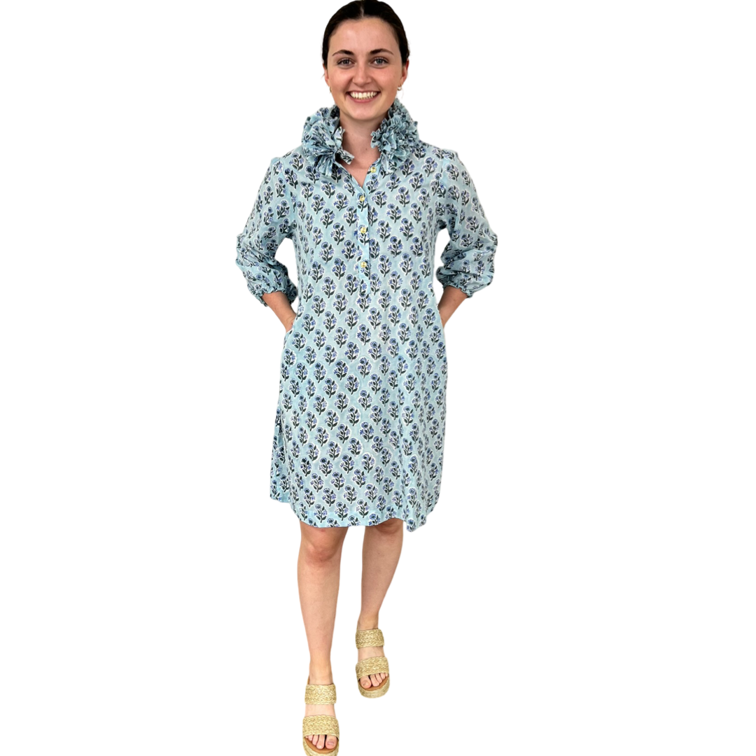 The Maria Ruffle Neck Dress in Aqua Floral Hand Blocked Cotton