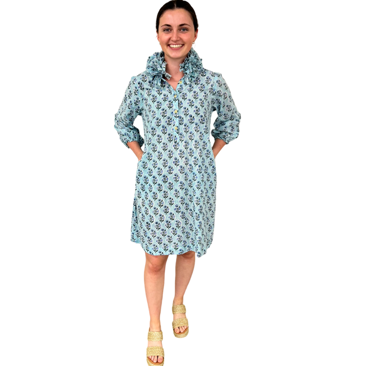 The Maria Ruffle Neck Dress in Aqua Floral Hand Blocked Cotton