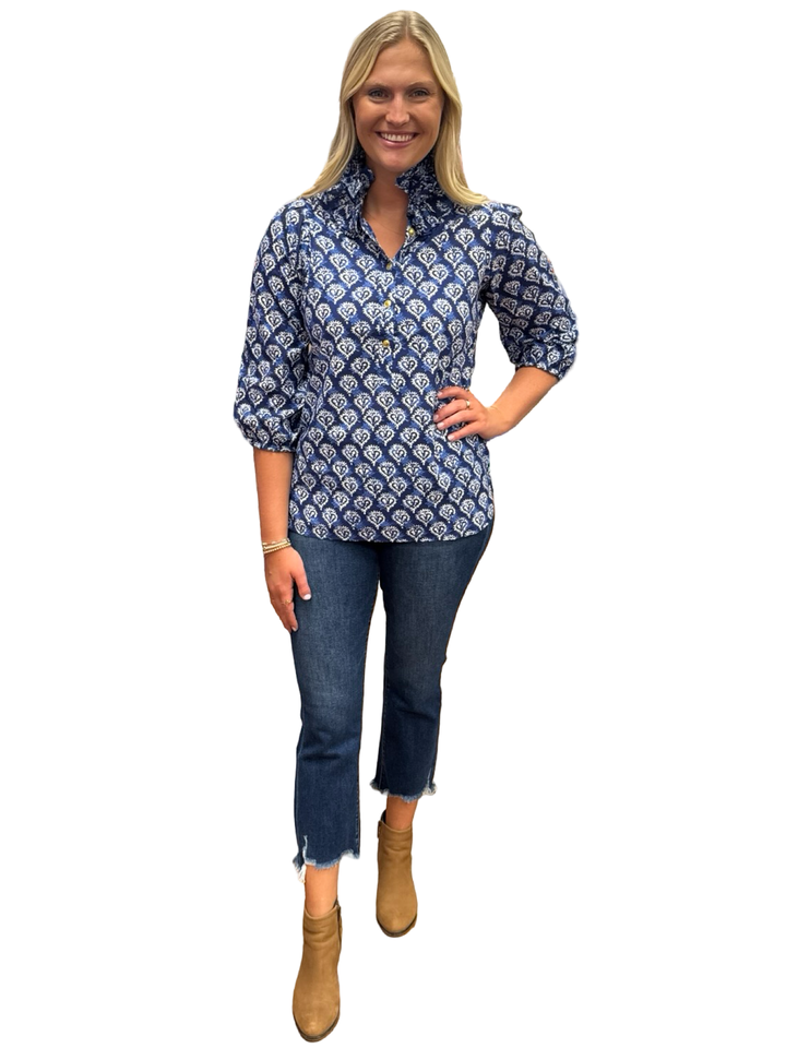 The Maria Cotton Ruffle Neck Blouse in Blue White Block Print