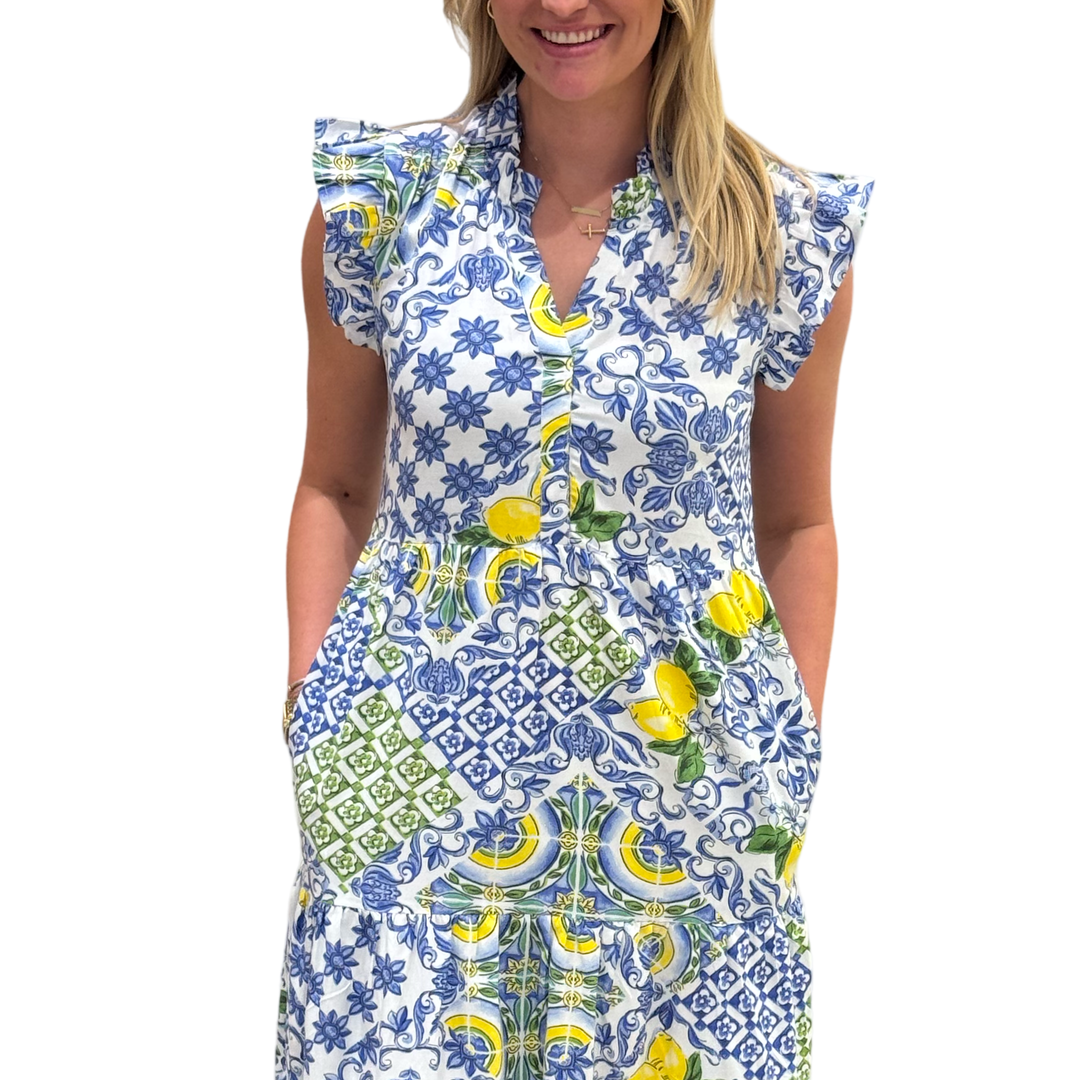 The Campbell Flutter Sleeve Dress in Blue Lemon — view 4