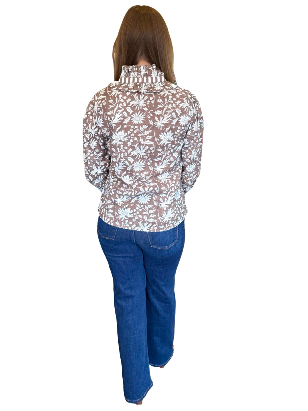 The Laurel Hand Block Printed Top in Chocolate Brown Floral
