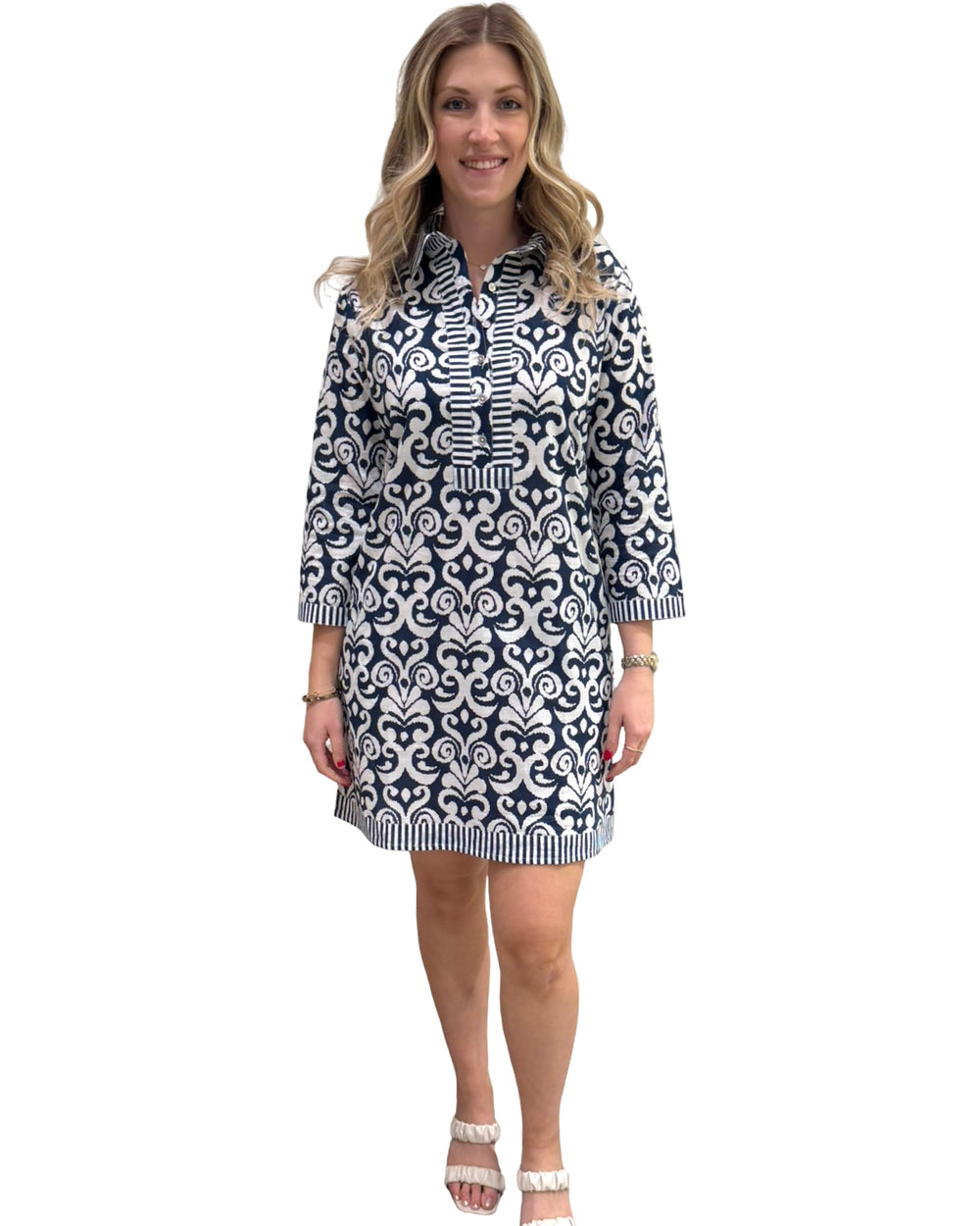 The Annika Cotton Dress in Navy and White — view 2