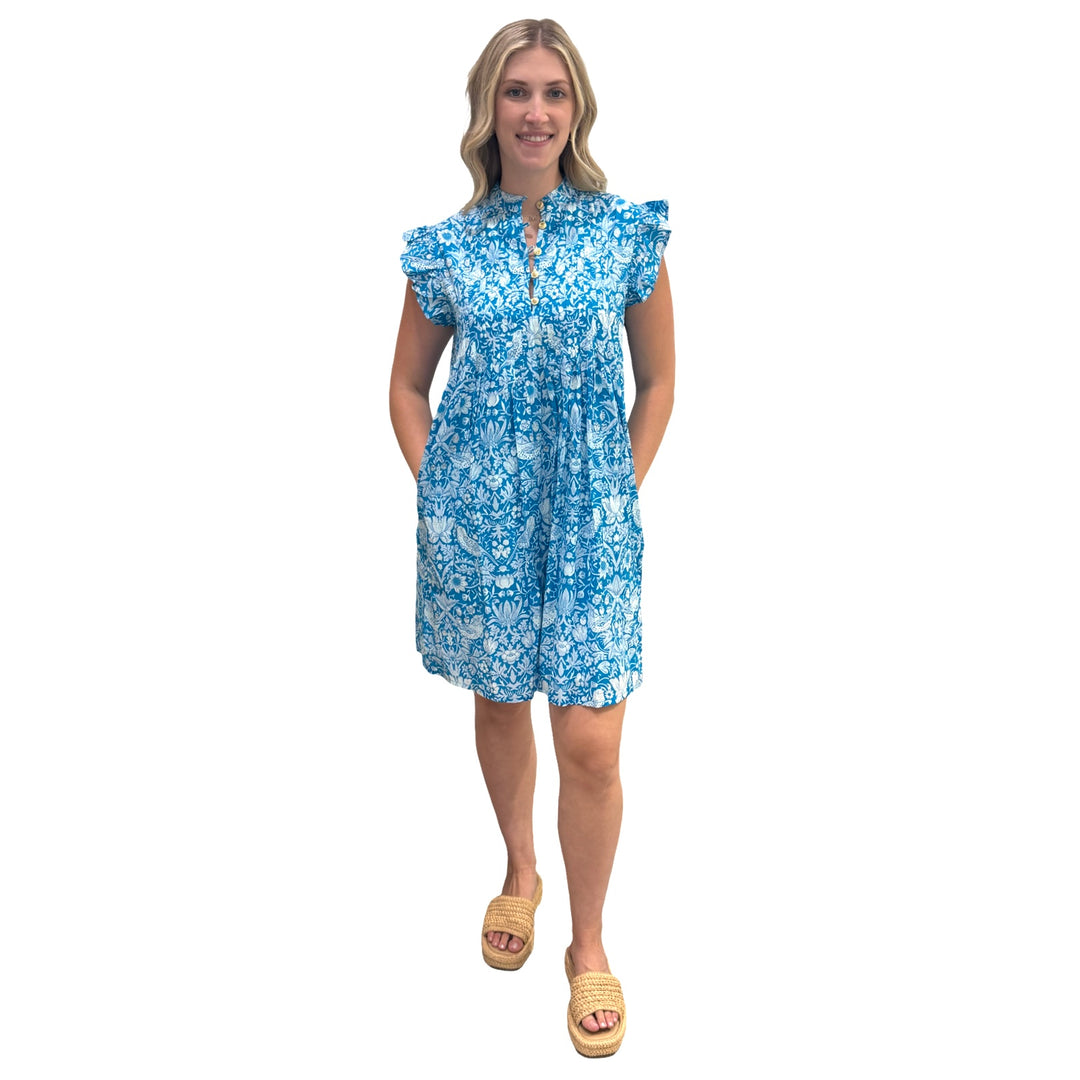 The Maggie Flutter Sleeve Dress in Turquoise and White