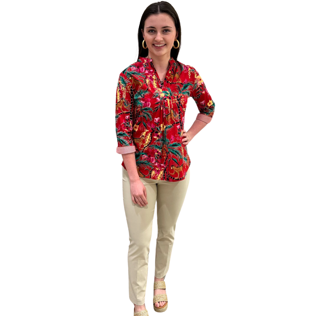 The Eloise Cotton Monkey Print Top in Crimson — view 4