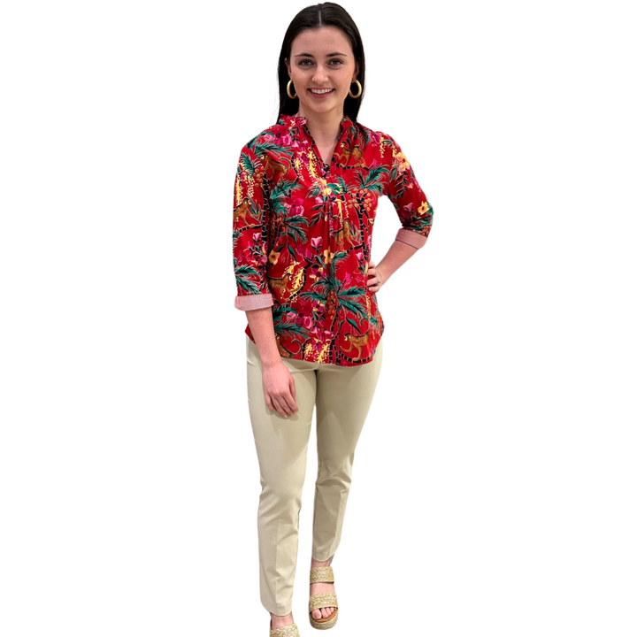 The Eloise Cotton Monkey Print Top in Crimson — view 4