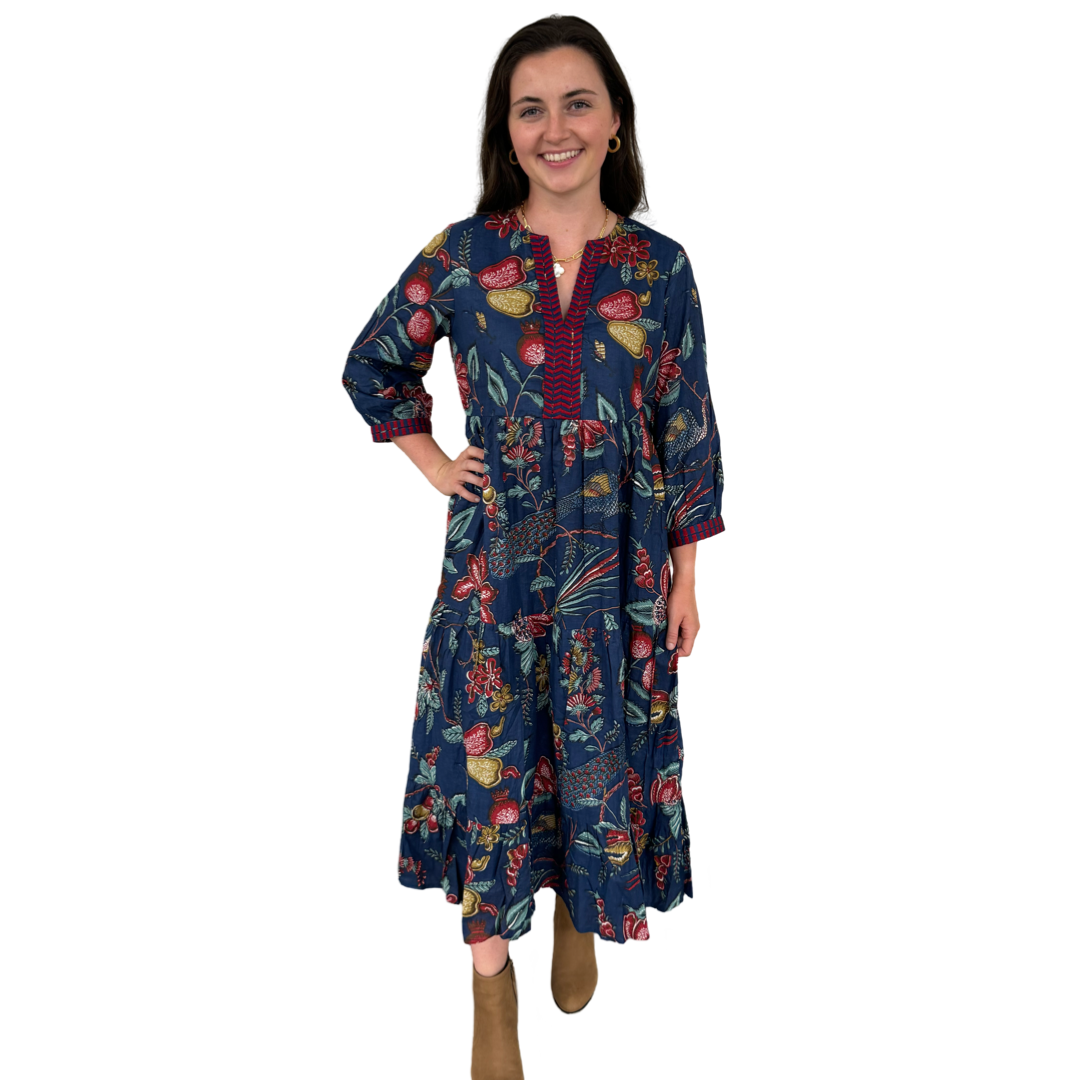 The Daniella Embroidered Trim Dress in Deep Navy Hand Blocked Floral — view 4