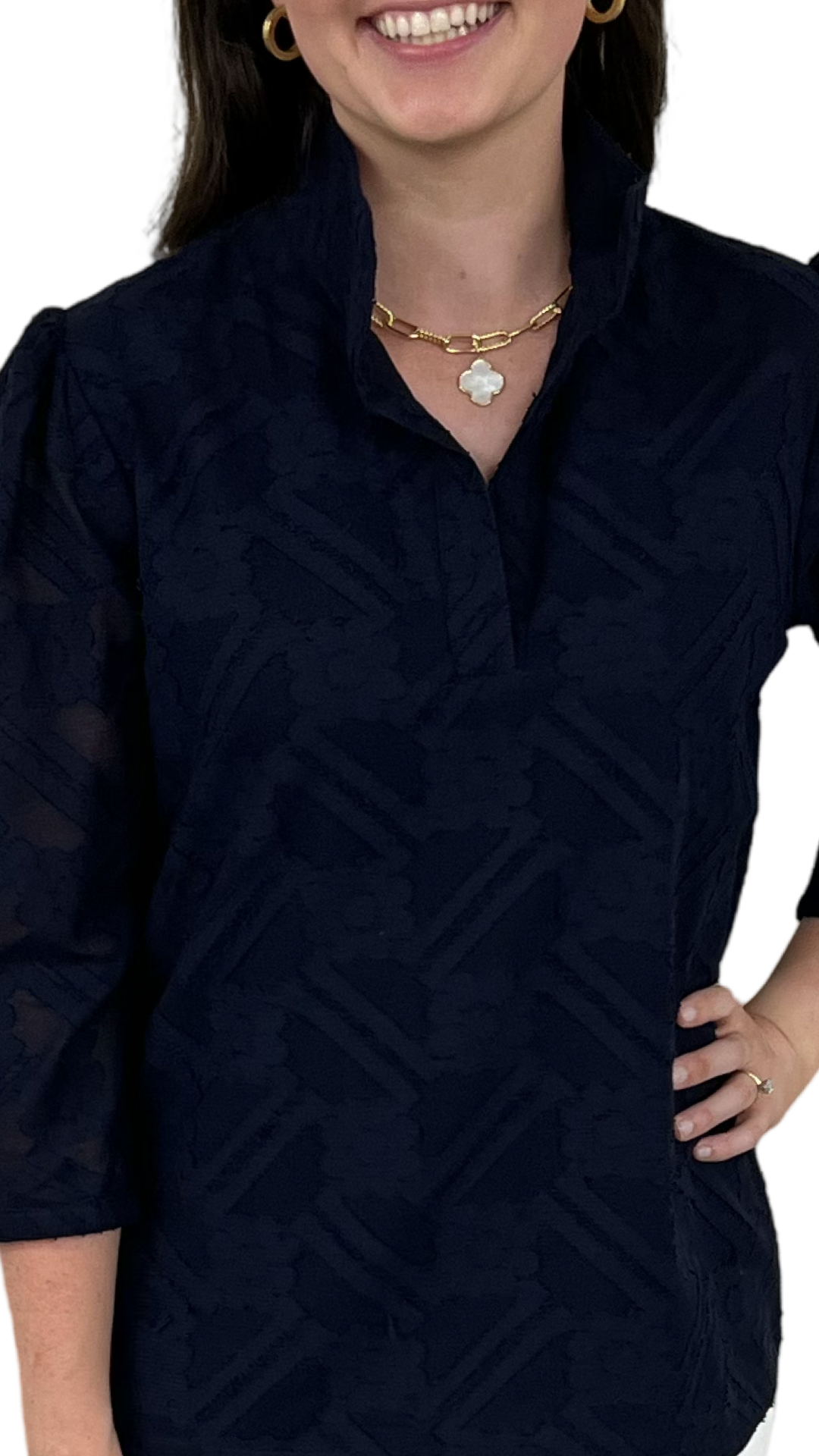 The Shipley Stand-Up Collar Top in Navy Jacquard Cotton — view 6