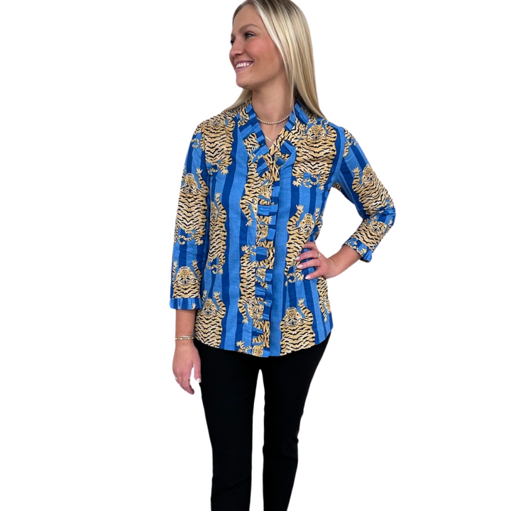 The Bessie Ruffle Front Top in Blue Tiger Stripe — view 4
