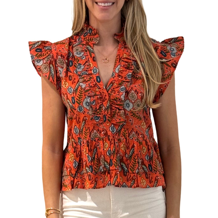 The Bella Ruffle Trim Top in Coral Parrot Print Cotton — view 3