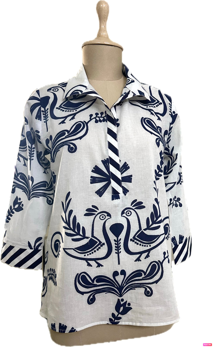 The Lisette Cotton Bird Print Top in White and Navy — view 5