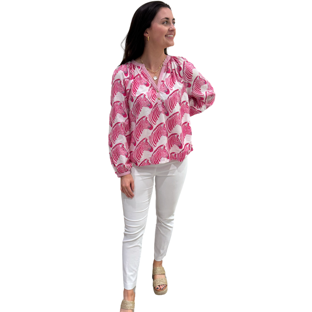The Chandler Striped Trim Cotton Top in Pink Zebra — view 3